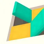 Bloques geométricos en colores amarillo y verde esmeralda formando una figura tridimensional, proyectados sobre un fondo claro