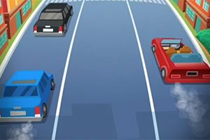 Carretera con tres coches circulando en una ciudad con edificios a los lados