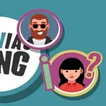 Gráficos coloridos con personas caricaturizadas y texto grande que dice TRIVIA KING sobre un fondo azul