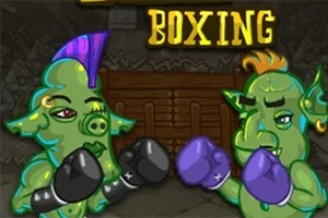 Dos criaturas verdes con guantes de boxeo listos para pelear, con fondo de una arena de boxeo y el texto BOXING arriba