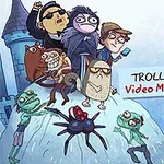 Un grupo de personajes caricaturescos y divertidos, incluyendo una araña, se encuentran juntos sobre una montaña con un castillo de fondo