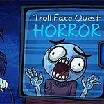 Personaje espeluznante con cabello desordenado riendo junto a una televisión mostrando una cara asustada y el texto Troll Face Quest Horror