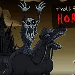 Personajes de estilo caricaturesco espeluznante en una escena oscura con un fondo tenebroso y un castillo