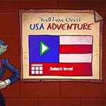 Caricatura de un personaje con sombrero de rayas junto a un cartel con la bandera de EE