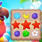 Loro con gorra de marinero junto a un tablero de rompecabezas con símbolos coloridos y formas de estrellas y frutas