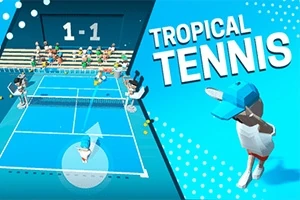 Jugadores de tenis con gorra en una cancha azul y texto que dice Tropical Tennis al lado