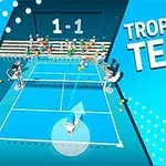 Jugadores de tenis con gorra en una cancha azul y texto que dice Tropical Tennis al lado