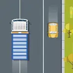 Vista cenital de un camión azul avanzando en una carretera con dos carriles, rodeado por un automóvil amarillo y otro verde, con árboles a los lados de la vía