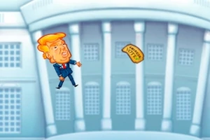 Caricatura de figura política en traje azul lanzando un billete dorado frente a un edificio blanco con columnas