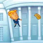Caricatura de figura política en traje azul lanzando un billete dorado frente a un edificio blanco con columnas