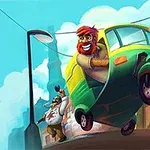 Un hombre con barba roja sonríe mientras maneja un mototaxi verde y amarillo de forma dinámica, mientras otra persona le observa desde la acera