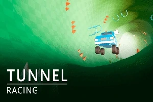 Un coche azul en un túnel verde rodeado de conos naranjas y aros azules