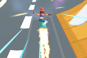 Persona en patineta voladora sobre una carretera con efecto de llamas