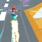 Persona en patineta voladora sobre una carretera con efecto de llamas