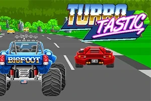 Camión monstruo azul y auto deportivo rojo en una carretera con un letrero que dice Turbotastic