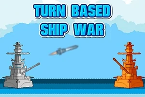 Dos barcos de guerra, uno gris y otro naranja, frente a frente en el mar con un proyectil entre ellos y texto en la parte superior