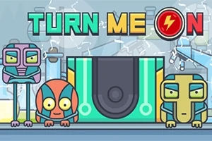 Tres personajes de estilo robótico con expresiones faciales diversas frente a un fondo industrial, con el texto TURN ME ON en la parte superior