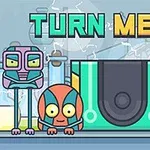 Tres personajes de estilo robótico con expresiones faciales diversas frente a un fondo industrial, con el texto TURN ME ON en la parte superior