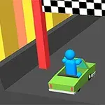 Figura azul en auto verde cruzando una línea de meta con bandera de cuadros