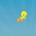 Un pájaro amarillo pequeño volando en un fondo azul con rayos de luz