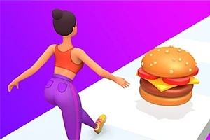 Personaje animado en ropa deportiva corriendo hacia una hamburguesa grande sobre un camino colorido