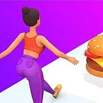 Personaje animado en ropa deportiva corriendo hacia una hamburguesa grande sobre un camino colorido