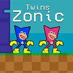 Dos personajes de color azul y rosa con guantes y botas amarillas sobre un fondo pixelado con el texto Twins Zonic