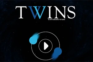 Título TWINS en letras blancas con una W azul, dos esferas azules orbitando un botón de reproducción central en un fondo oscuro