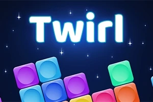 Texto Twirl en letras brillantes con bloques de colores en un fondo estrellado