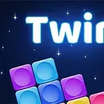Texto Twirl en letras brillantes con bloques de colores en un fondo estrellado