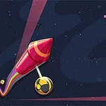 Cohete rojo con una cuerda colorida y una esfera negra y amarilla sobre un fondo estrellado