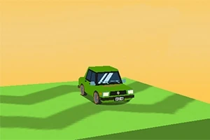 Coche verde de estilo retro en un paisaje abstracto con un cielo amarillo