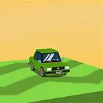 Coche verde de estilo retro en un paisaje abstracto con un cielo amarillo