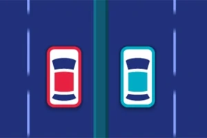 Dos coches estilizados, uno rojo y otro azul, en carriles adyacentes sobre un fondo azul oscuro