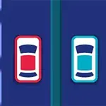 Dos coches estilizados, uno rojo y otro azul, en carriles adyacentes sobre un fondo azul oscuro