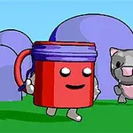 Taza roja sonriente con brazos y piernas caminando en un paisaje con gatos grises y arbustos morados