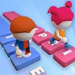 Dos personajes estilo caricatura caminando sobre bloques de letras en un fondo azul