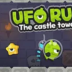 Gráfico con un ovni verde flotando entre estrellas doradas y calaveras en un fondo de castillo oscuro