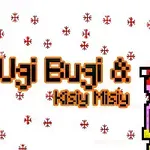 Dos personajes pixelados con sombreros de Santa y letras grandes Ugi Bugi & Kisy Misy en un fondo blanco con copos de nieve