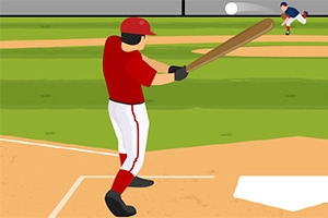 Jugador de béisbol vestido de rojo preparado para batear en un campo de juego mientras un lanzador lanza la pelota