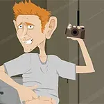 Un personaje caricaturesco con cabello naranja se toma una selfie en el espejo del baño mientras levanta su camiseta