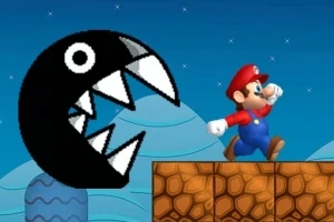 Personaje de gorra roja corriendo por un plataforma mientras es perseguido por una criatura negra con dientes afilados bajo un cielo estrellado