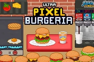 Hamburguesa pixelada en una bandeja roja con una bebida Grub al lado, rodeada de más hamburguesas, con una máquina de sodas a la derecha y una parrilla con huevo y carne a la izquierda