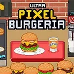 Hamburguesa pixelada en una bandeja roja con una bebida Grub al lado, rodeada de más hamburguesas, con una máquina de sodas a la derecha y una parrilla con huevo y carne a la izquierda