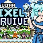 Ilustración estilo pixel art con una chica de cabello celeste sosteniendo un bastón, fondo de paisaje invernal y hoguera