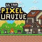 Paisaje pixelado con una casa, un fuego, árboles verdes y montañas al fondo bajo un cielo azul