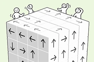 Un cubo con flechas negras apuntando en diferentes direcciones en cada casilla, con figuras humanas simples alrededor de la parte superior