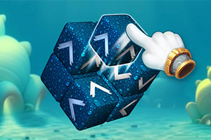 Mano con guante tocando un cubo azul con flechas blancas en un fondo submarino