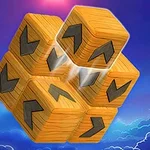 Cubo compuesto de bloques de madera con flechas negras rodeado de un cielo azul y nubes
