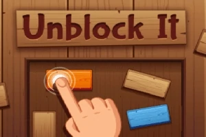 Una mano toca un bloque naranja en un tablero de madera con piezas de colores, con el título Unblock It en la parte superior